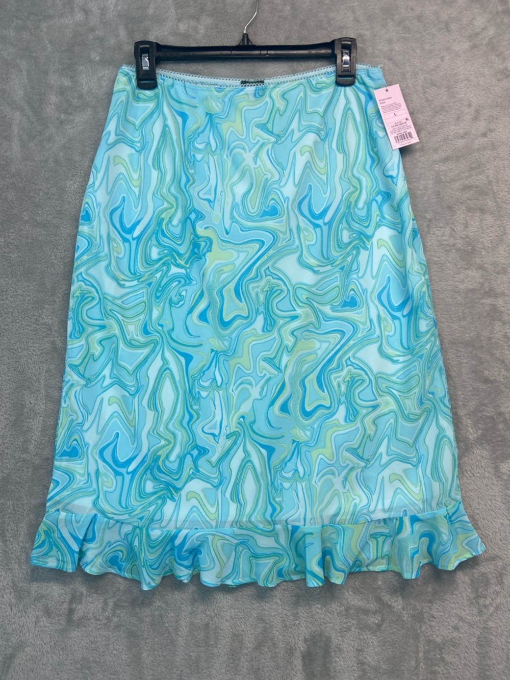 Y2K 2000s Style Blue Green Swirl Midi Skirt with Ruffle Hem Size L